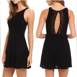 Free People Black Lady Jane Slinky Velvet Floral Stretch Dress w/ Lace Trim